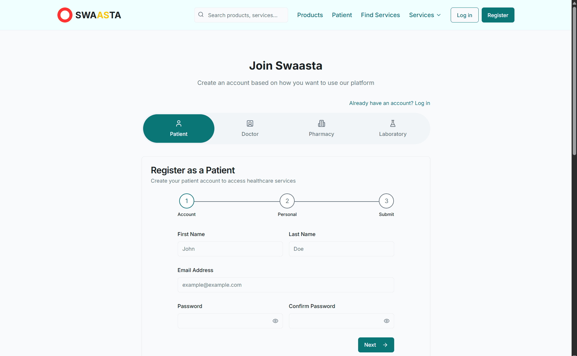 Swaasta unified registration page